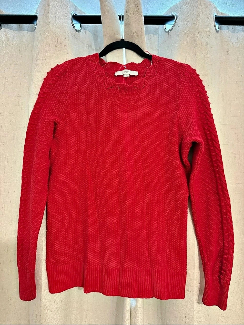 LOFT Red Popcorn Knit Bobble Sleeve Scalloped Neck Sweater Medium
